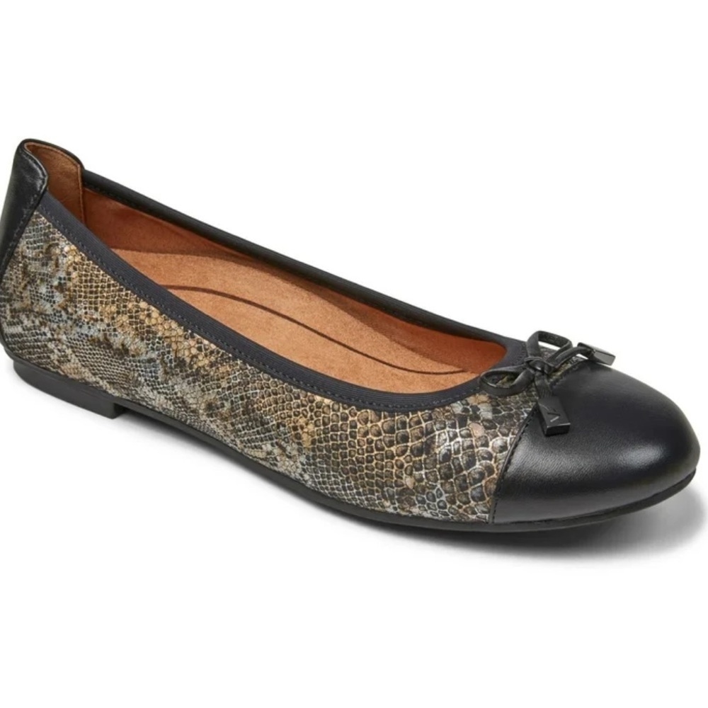 Vionic Minna Black Leather Snakeskin Slip On Ballet Flat Comfort Shoes Size 8.5